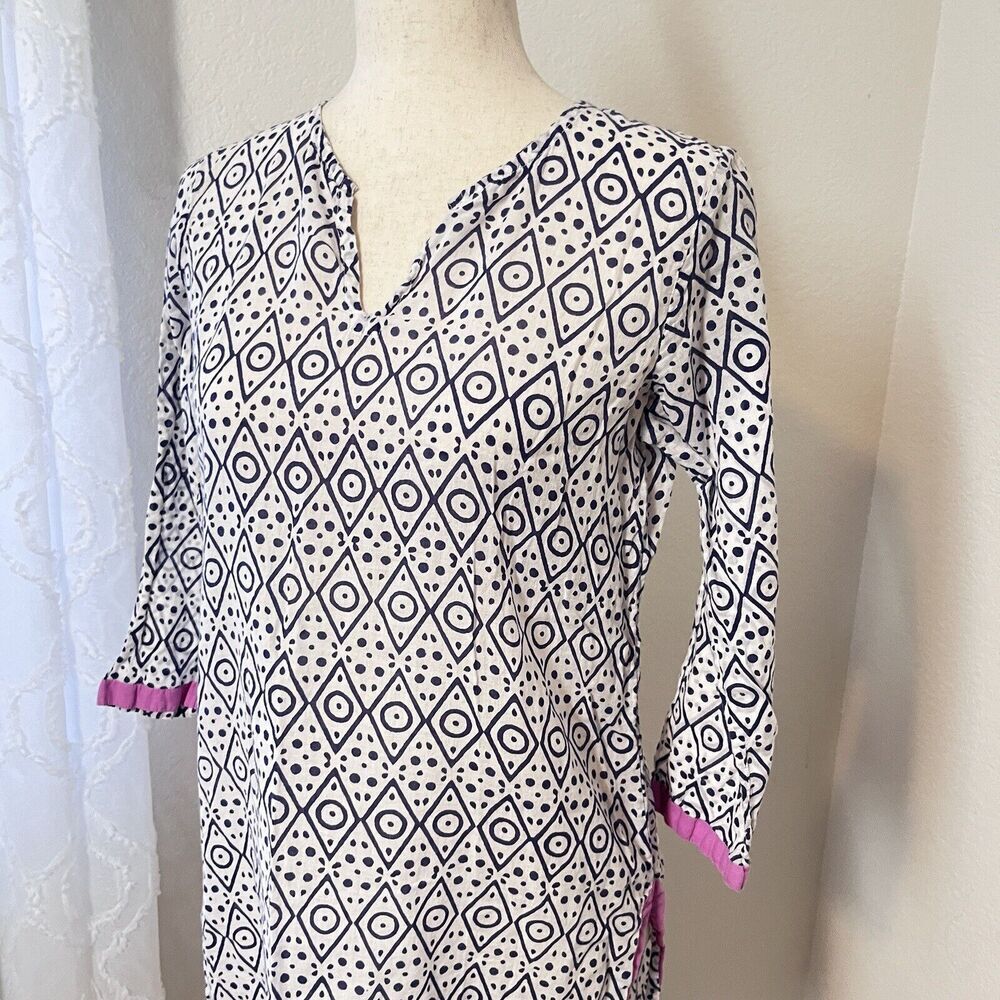 Oliphant Women Sz XS Blue Pink Printed Tunic Long Sleeve Lightweight 100% Cotton - Picture 4 of 9